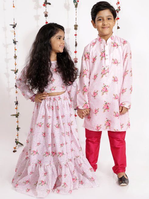 Vastramay Rose Pink Cotton Linen Floral Printed Siblings Set